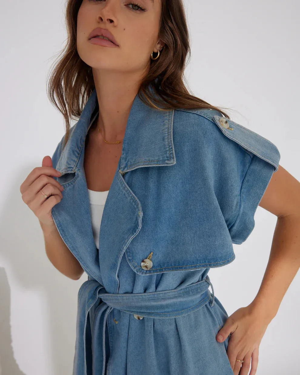 bella sleeveless denim trench coat