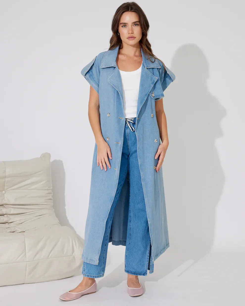 bella sleeveless denim trench coat