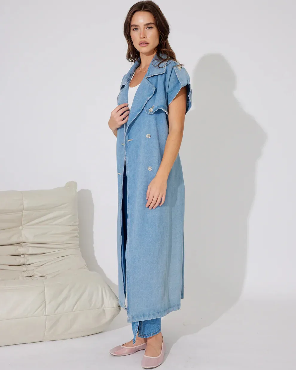 bella sleeveless denim trench coat