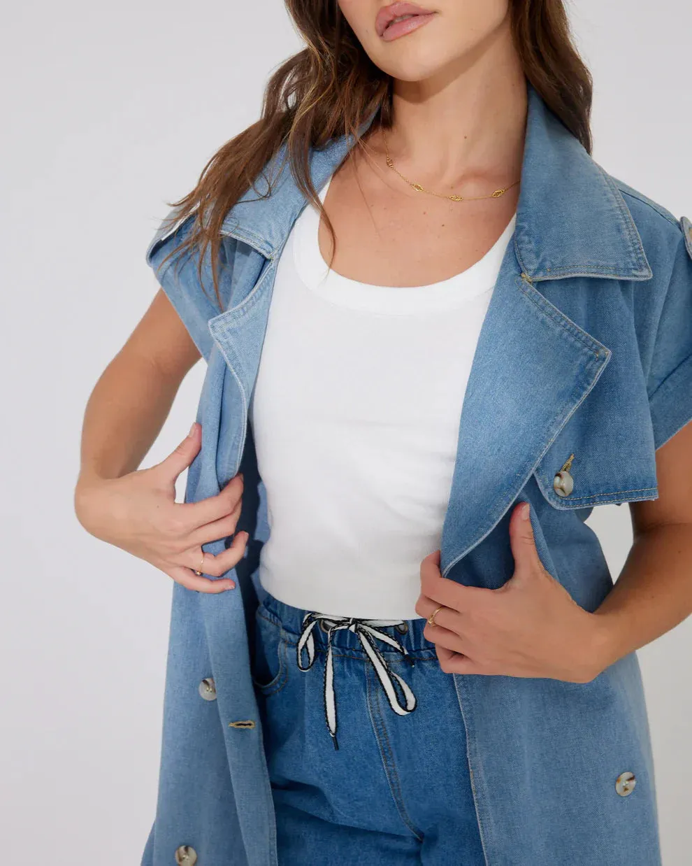 bella sleeveless denim trench coat