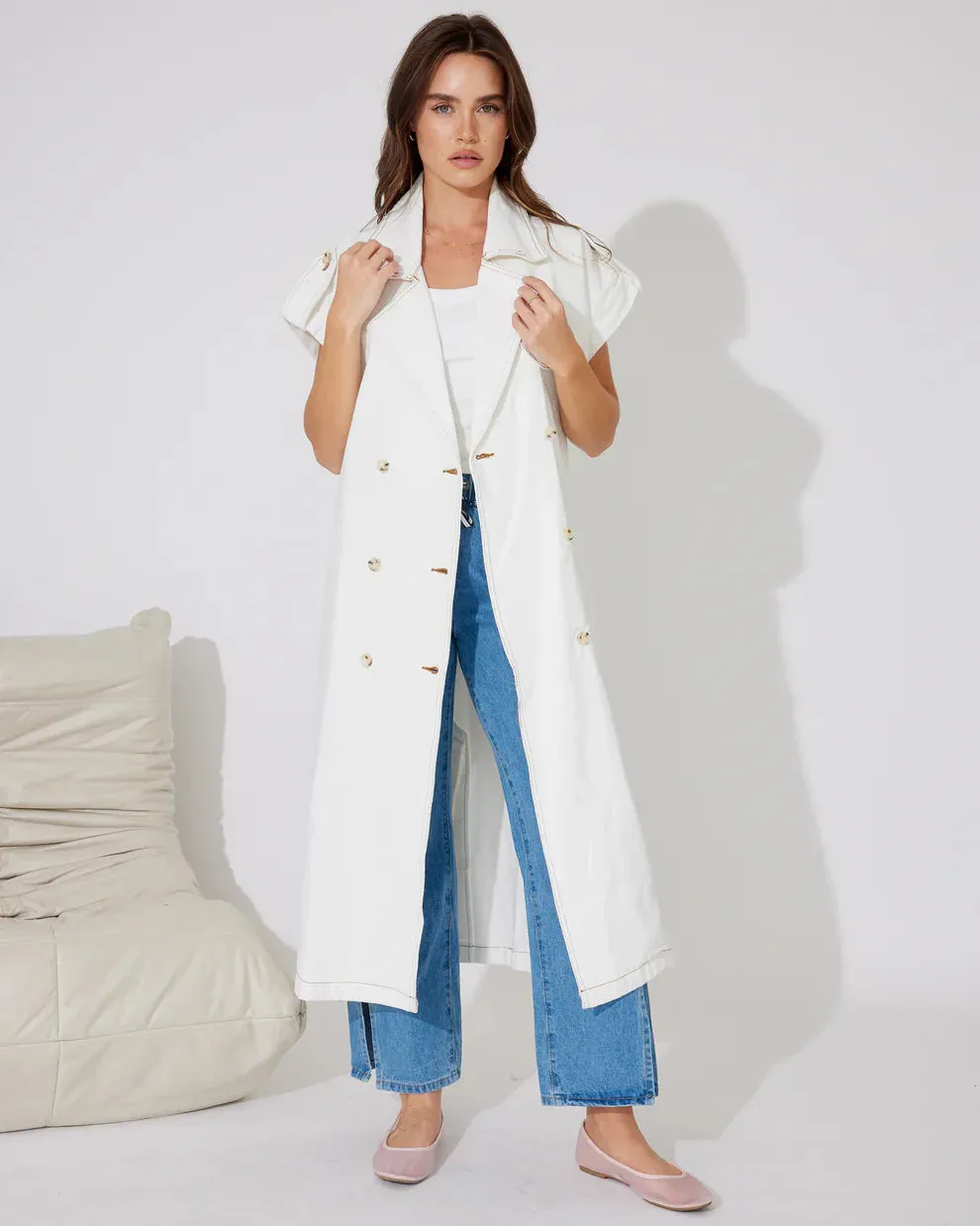 Bella White Denim Sleeveless Trench