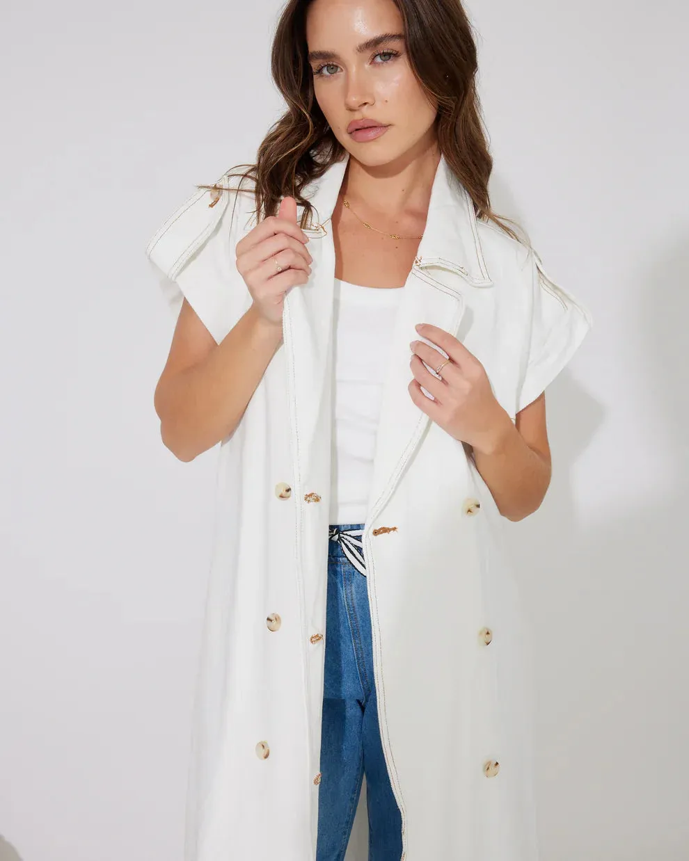 Bella White Denim Sleeveless Trench