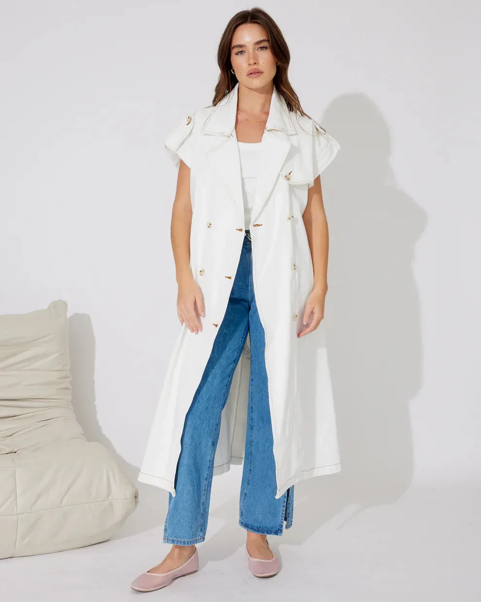 Bella White Denim Sleeveless Trench