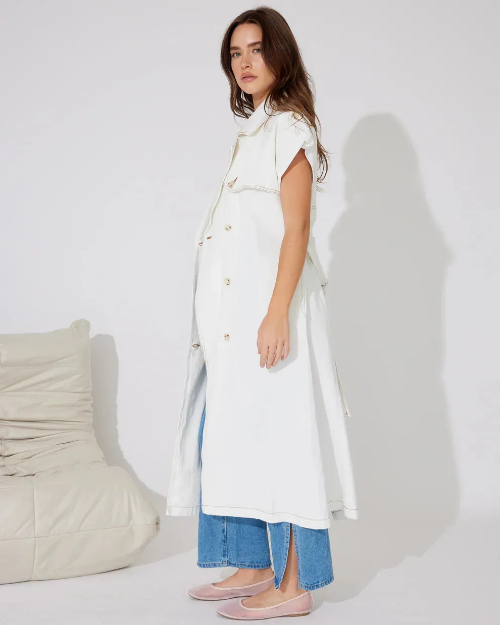 Bella White Denim Sleeveless Trench