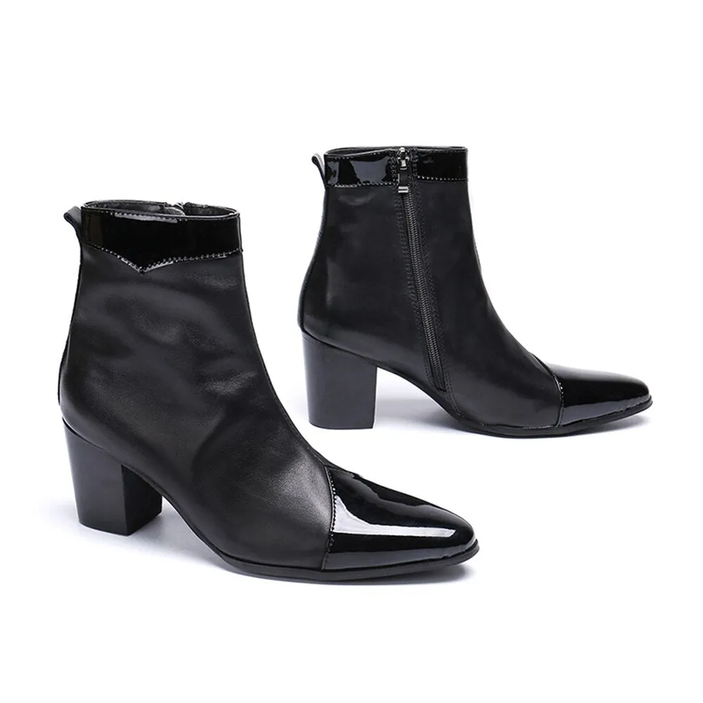 Black Genuine Leather High Heel Pointed Toe Zipper Boots for Men - Plus Size British Style Male Dress Shoe