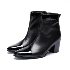 Black Genuine Leather High Heel Pointed Toe Zipper Boots for Men - Plus Size British Style Male Dress Shoe