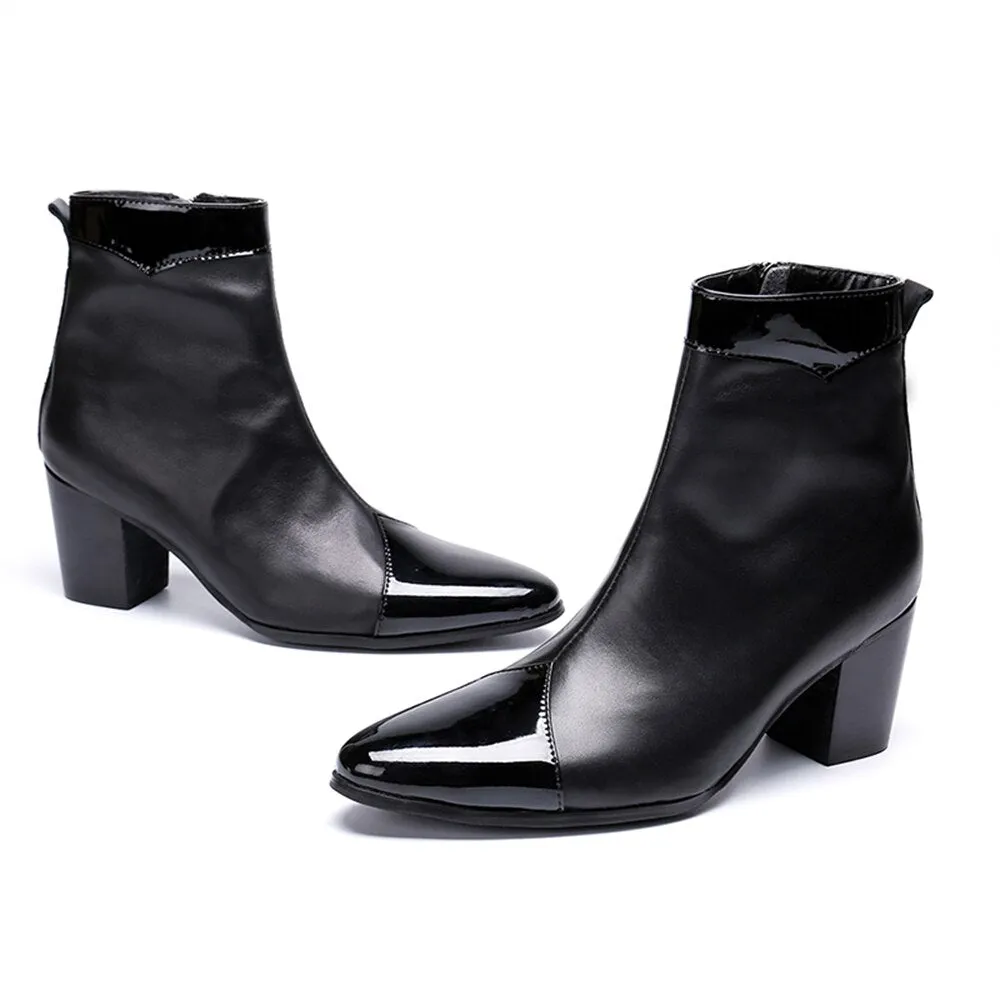 Black Genuine Leather High Heel Pointed Toe Zipper Boots for Men - Plus Size British Style Male Dress Shoe