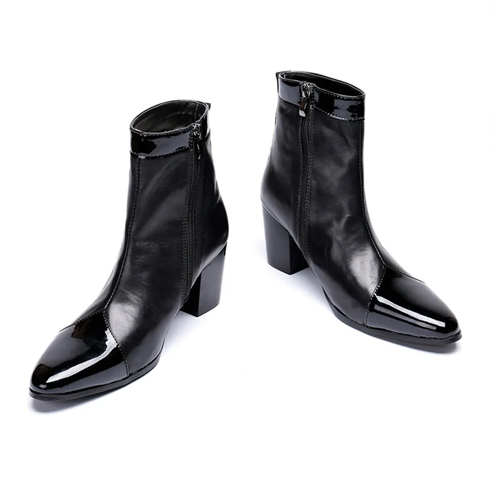 Black Genuine Leather High Heel Pointed Toe Zipper Boots for Men - Plus Size British Style Male Dress Shoe