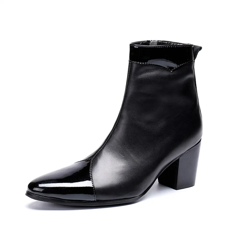 Black Genuine Leather High Heel Pointed Toe Zipper Boots for Men - Plus Size British Style Male Dress Shoe