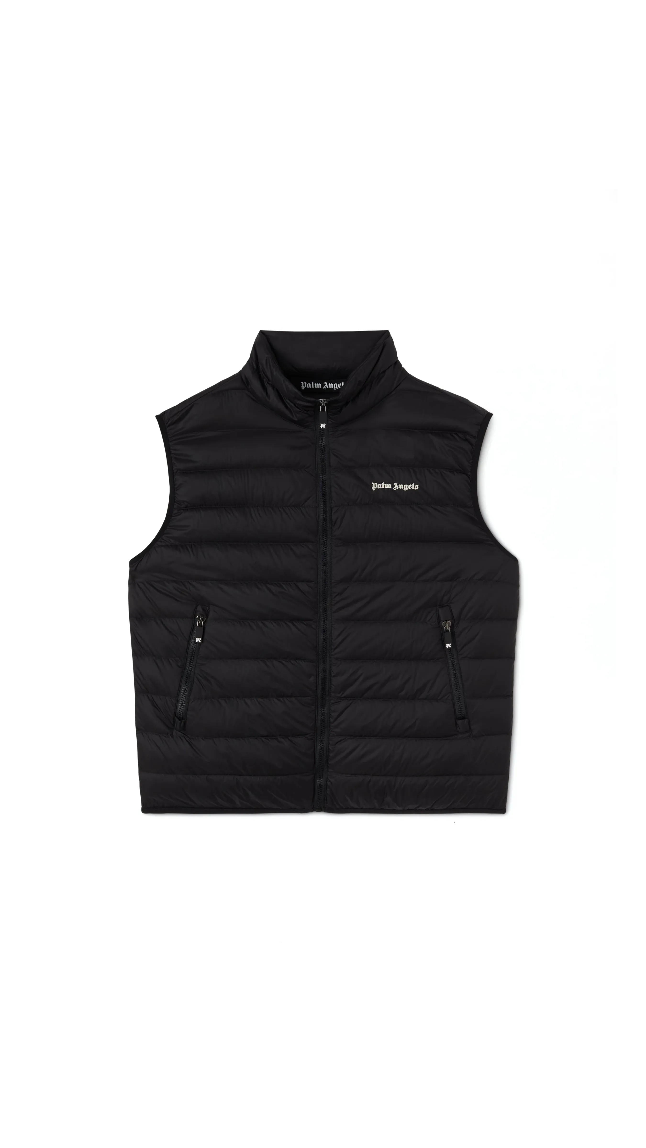 Black logo down vest.