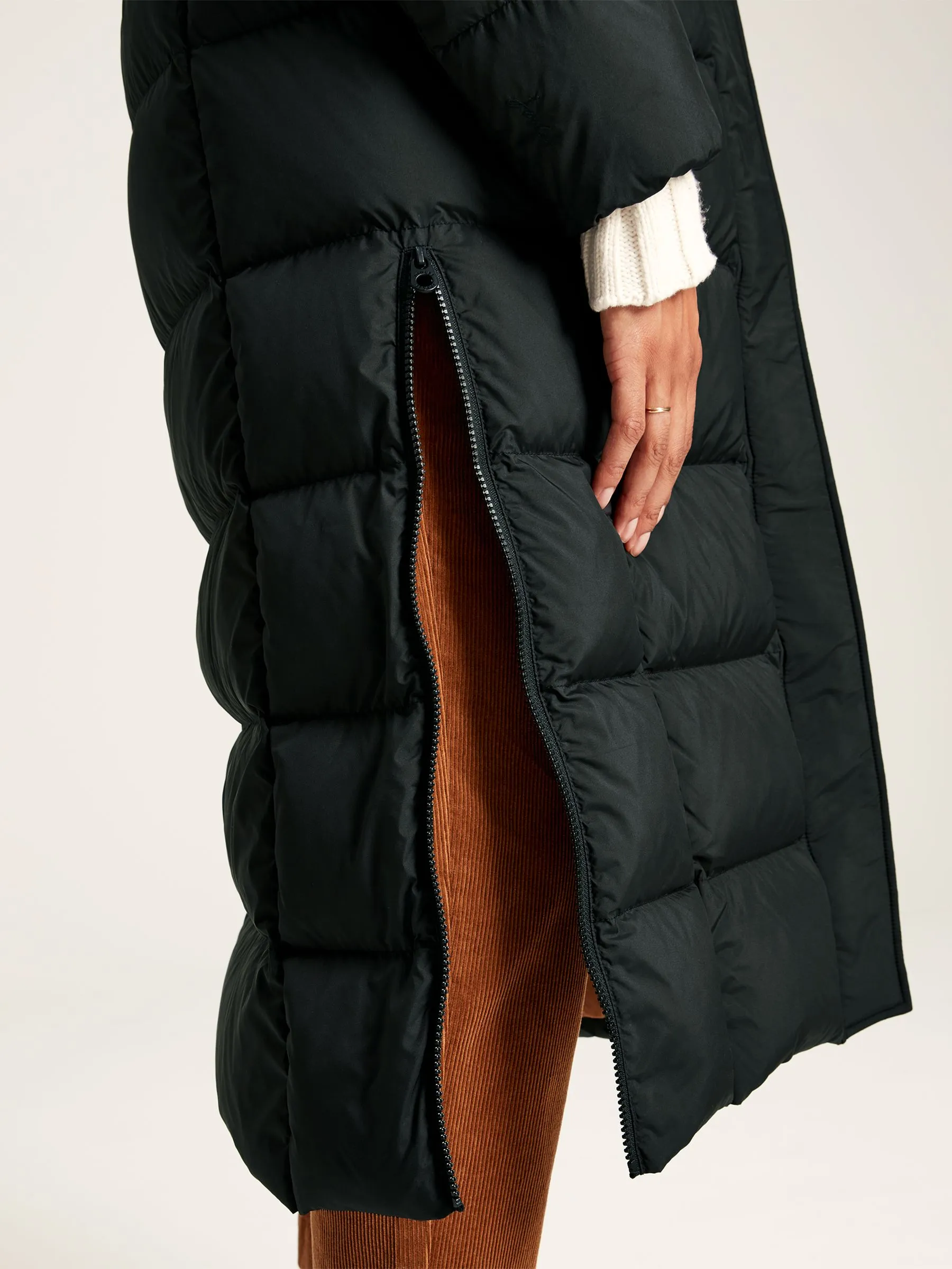 Black Showerproof Down Feather Long Puffer Coat