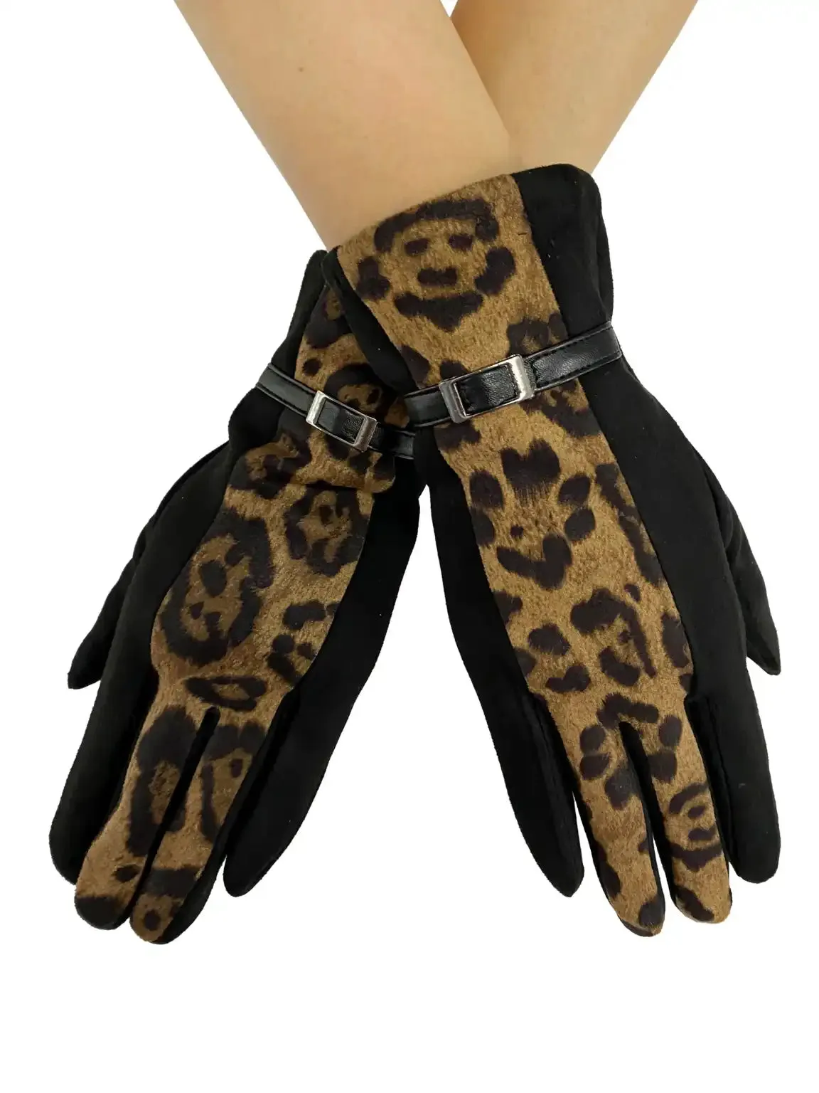 Black Synthetic Leather Belted Gloves