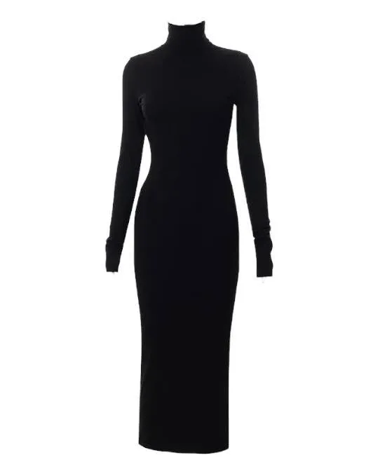 Black Turtleneck Bodycon Knit Maxi Dress