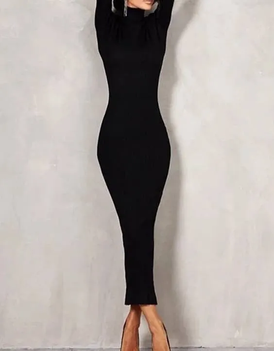 Black Turtleneck Bodycon Knit Maxi Dress