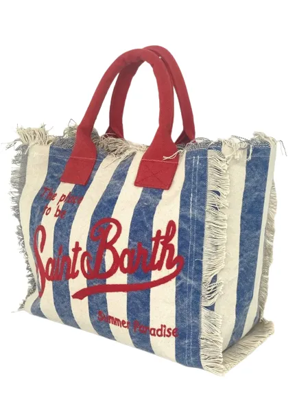 BORSA A RIGHE BLU IN CANVAS CON LOGO ROSSO