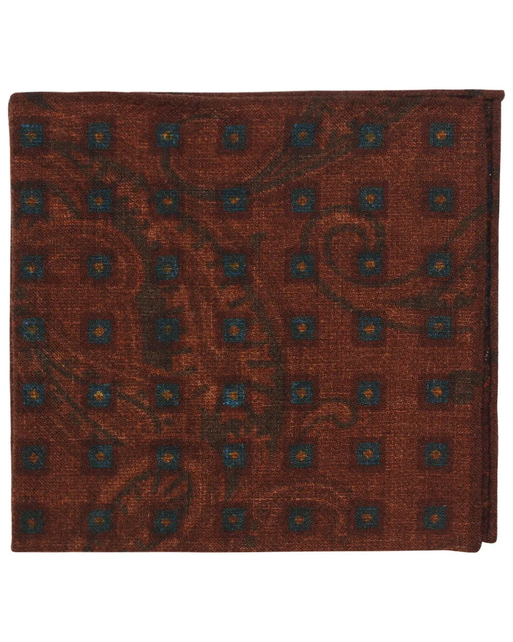 Brown and Blue Geometric Paisley Wool Pocket Square