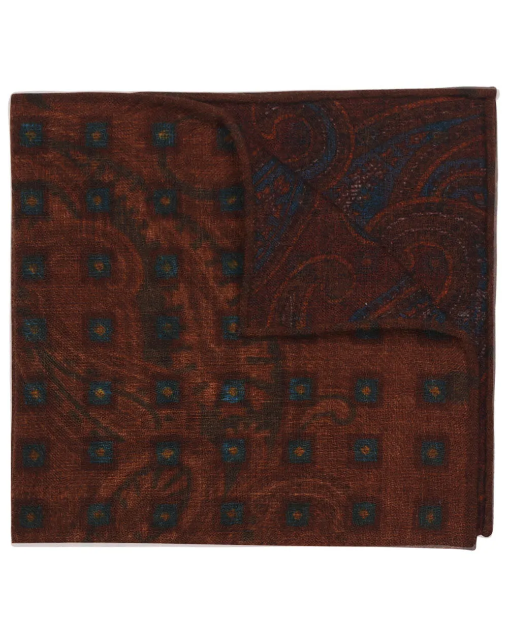 Brown and Blue Geometric Paisley Wool Pocket Square