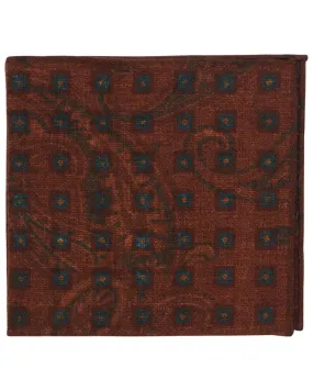 Brown and Blue Geometric Paisley Wool Pocket Square