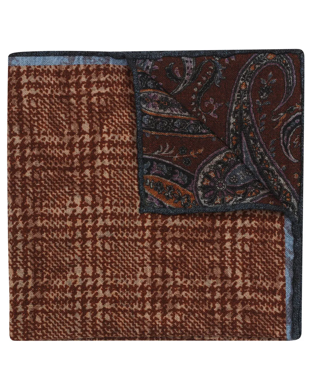 Brown Blue Houndstooth Paisley Reversible Wool Pocket Square