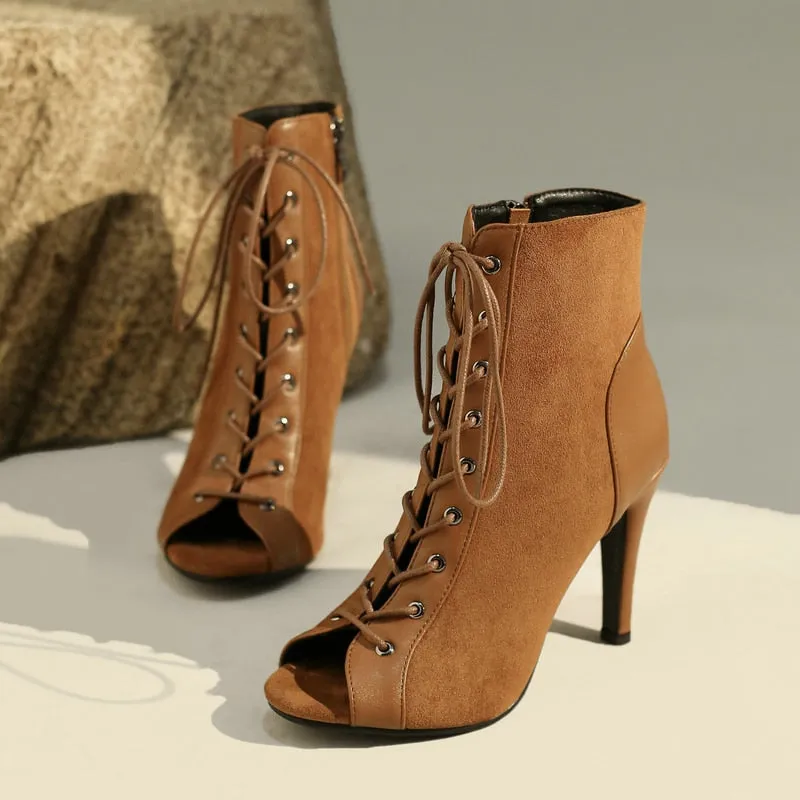 Brown High Heel Peep Toe Zipper Ankle Boots for Women