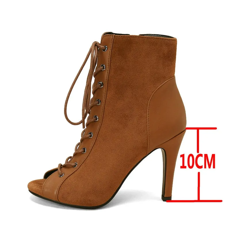 Brown High Heel Peep Toe Zipper Ankle Boots for Women