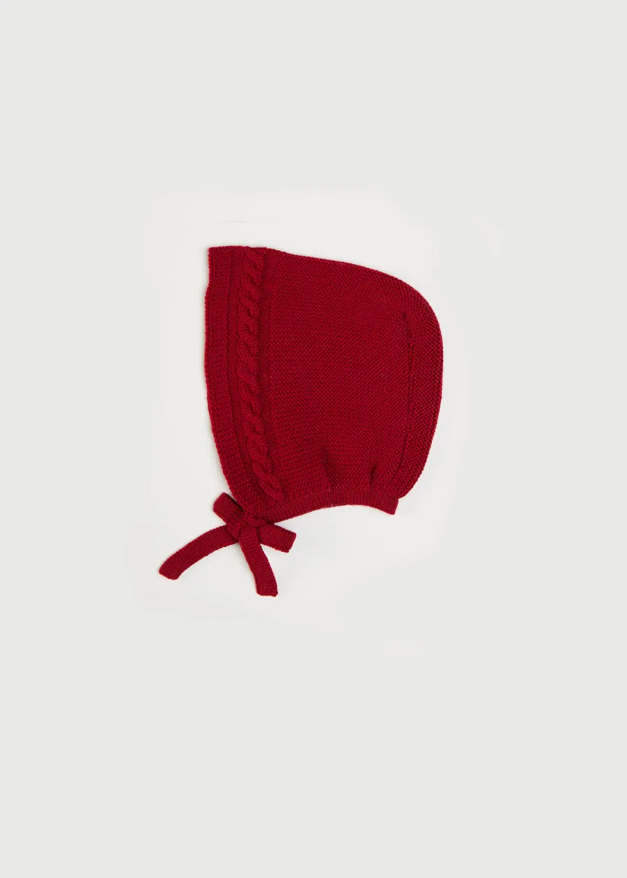 Cable Knit Red Bonnet: Sizes Small to Large.