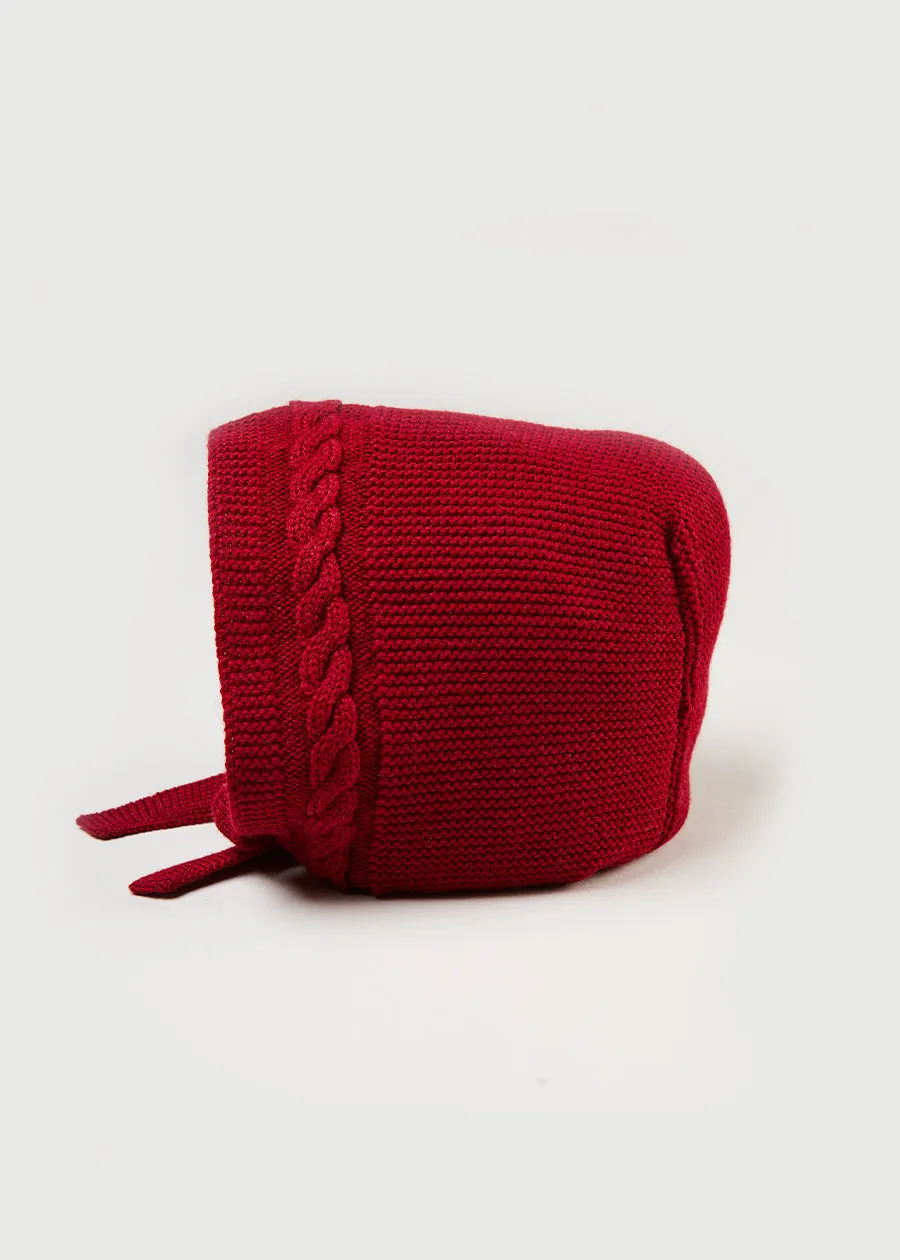 Cable Knit Red Bonnet: Sizes Small to Large.