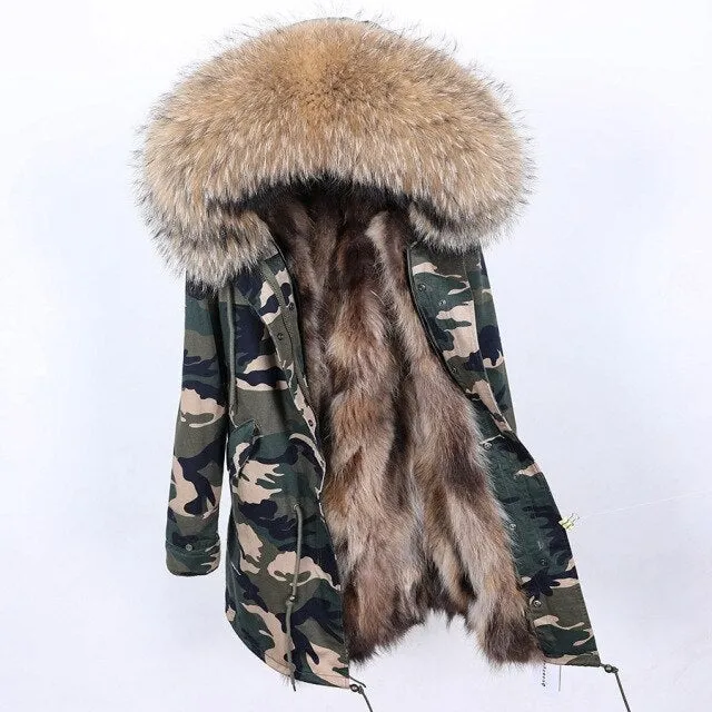 Camo Winter Jacket Women Raccoon Fur Hood