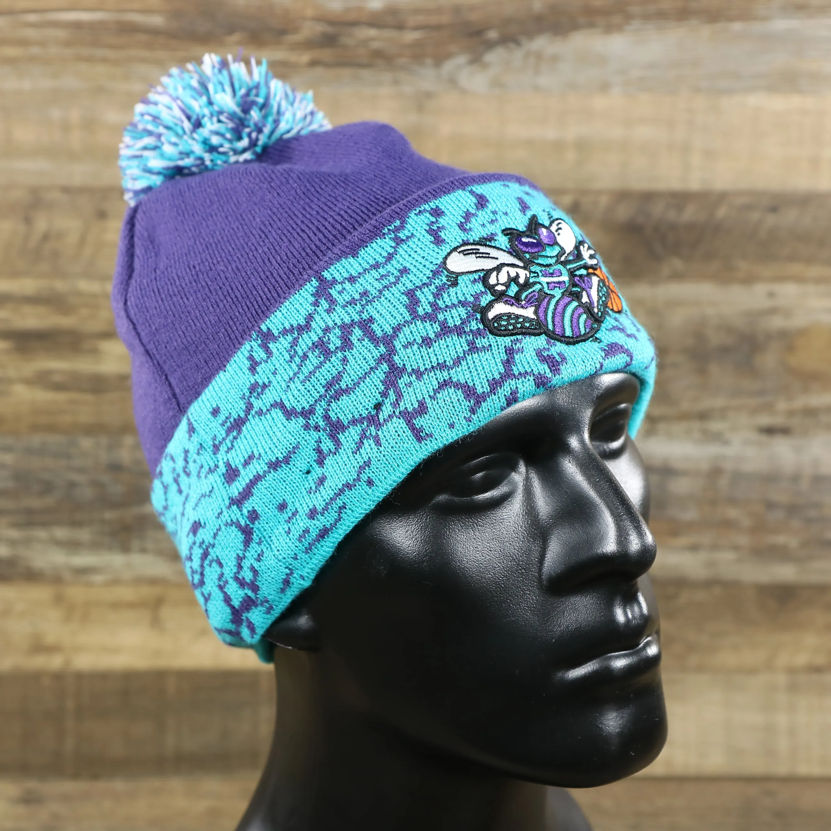 Charlotte Hornets Retro Cuffed Chaos Pom Pom Beanie - Purple and Light Blue Winter Beanie