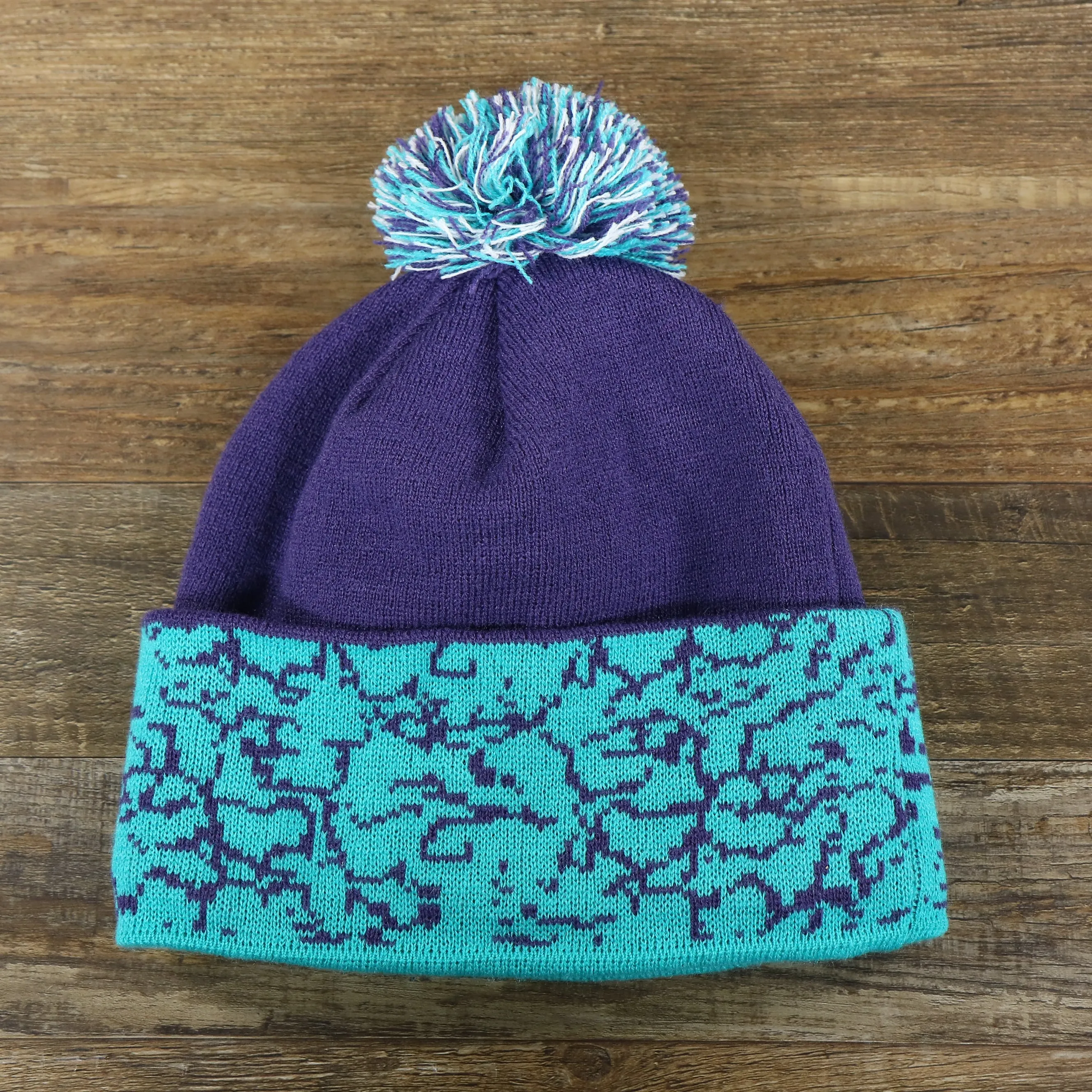 Charlotte Hornets Retro Cuffed Chaos Pom Pom Beanie - Purple and Light Blue Winter Beanie