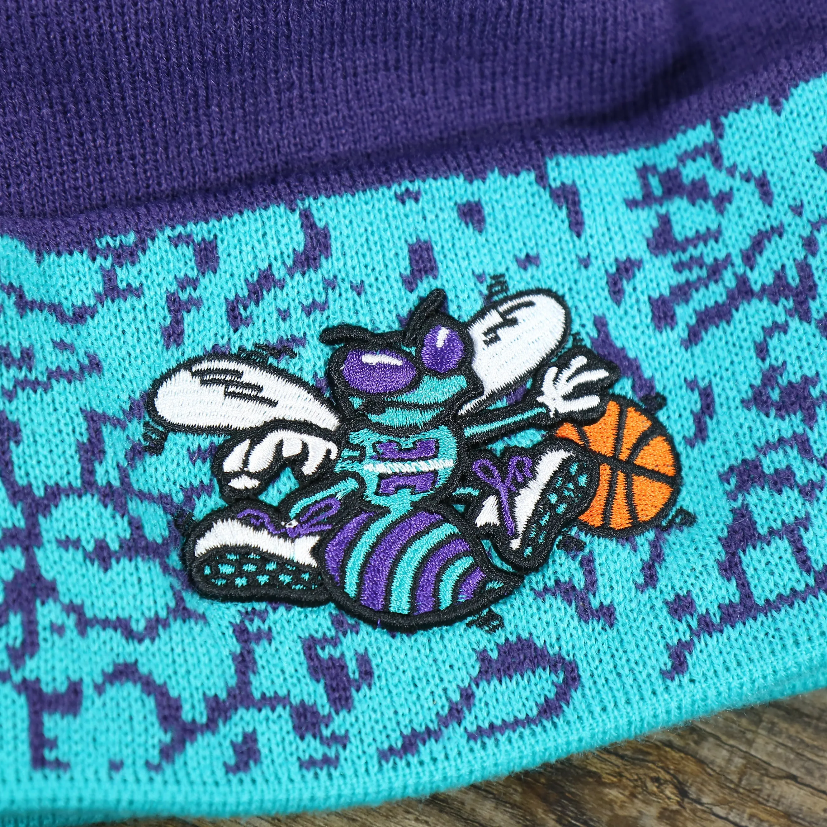 Charlotte Hornets Retro Cuffed Chaos Pom Pom Beanie - Purple and Light Blue Winter Beanie