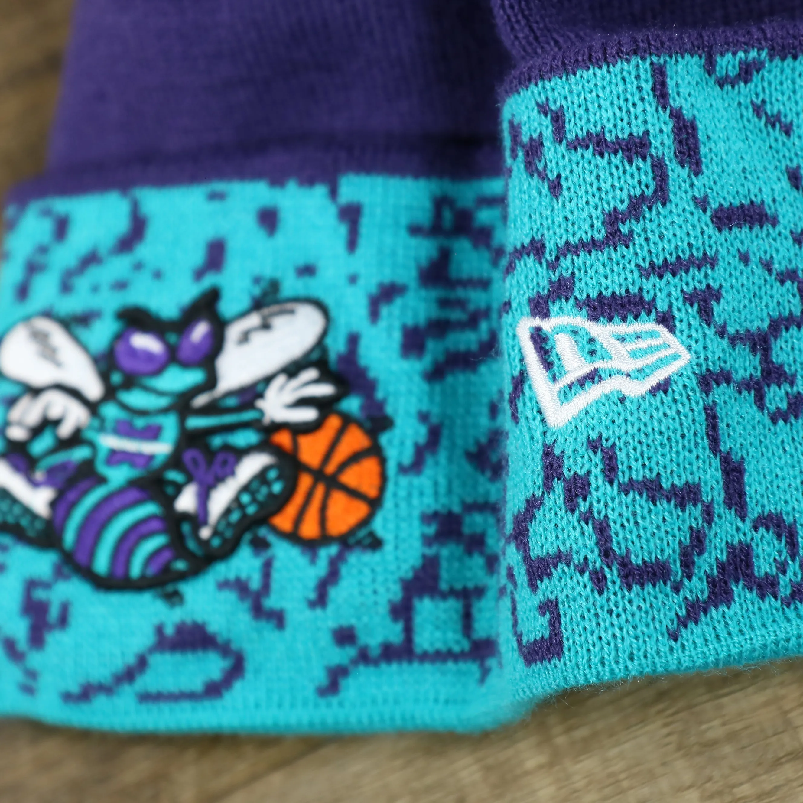 Charlotte Hornets Retro Cuffed Chaos Pom Pom Beanie - Purple and Light Blue Winter Beanie