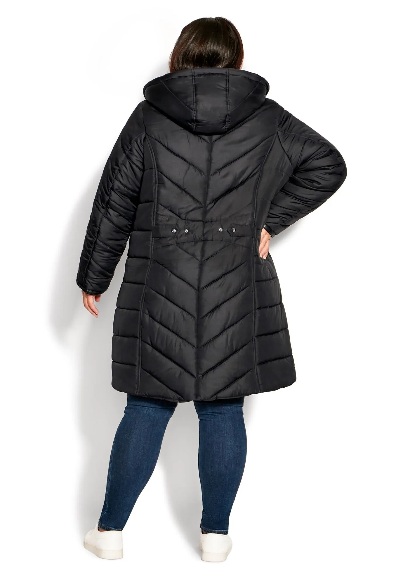 Chevron Faux Fur Hood Long Puffer Coat