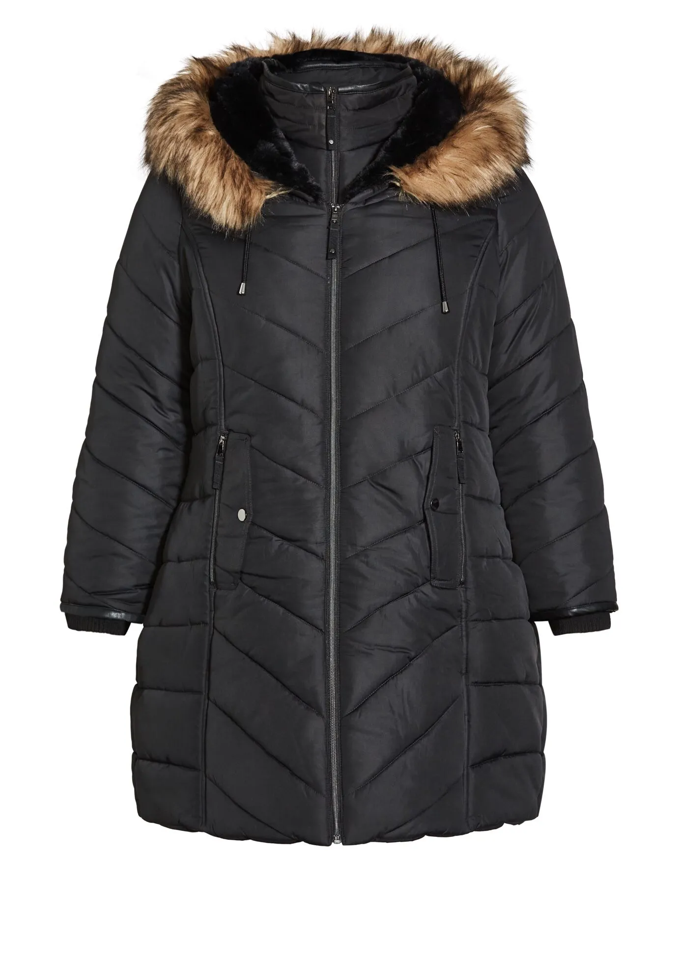 Chevron Faux Fur Hood Long Puffer Coat