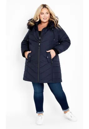 Chevron Faux Fur Hood Long Puffer Coat