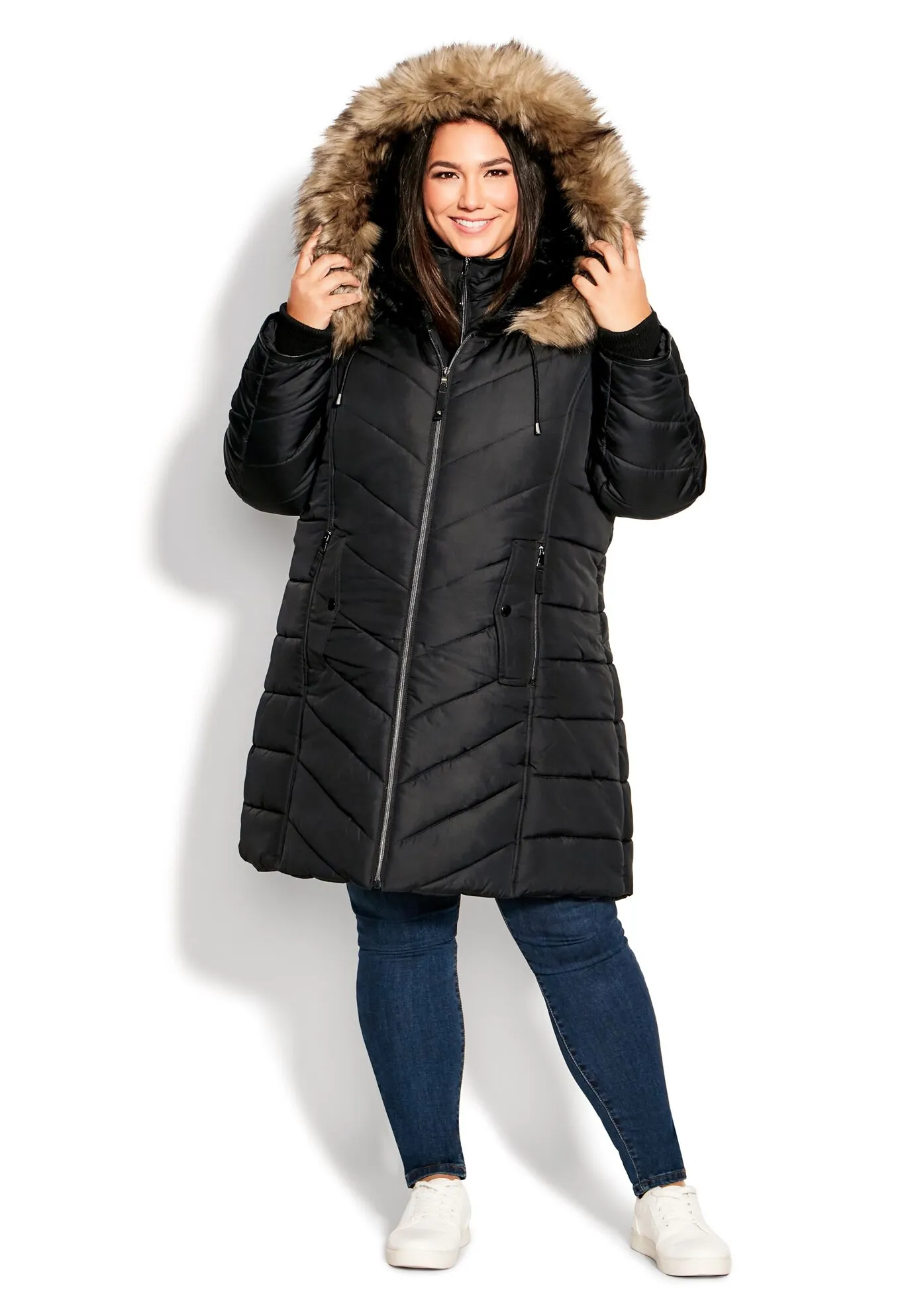 Chevron Faux Fur Hood Long Puffer Coat