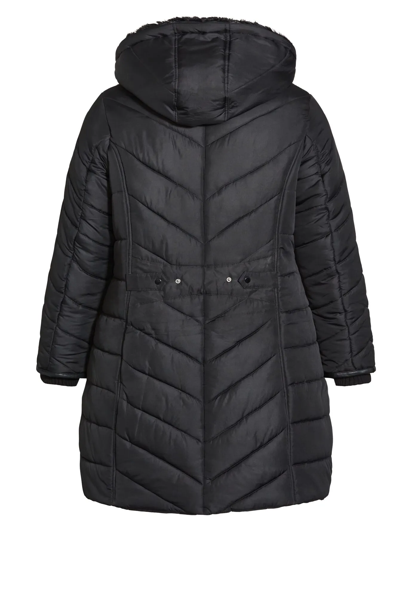 Chevron Faux Fur Hood Long Puffer Coat