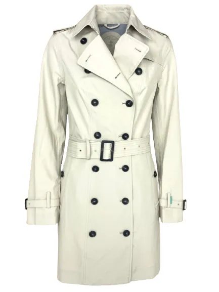 Double-breasted beige women's trench coat with belt