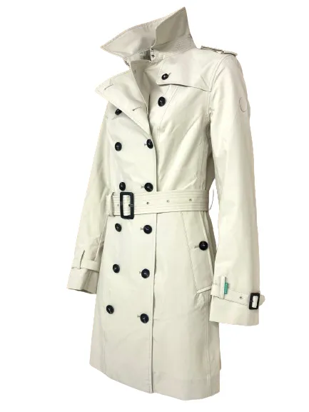 Double-breasted beige women's trench coat with belt