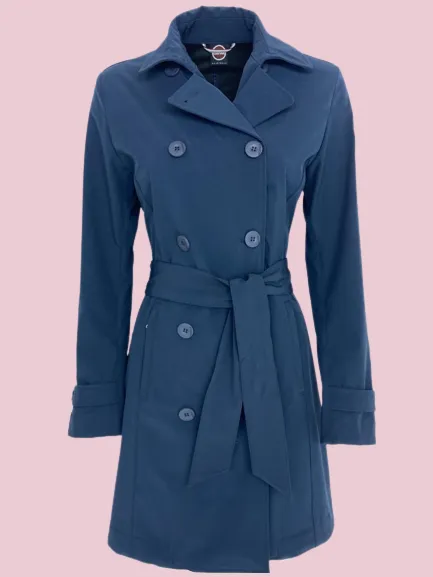 Double-breasted blue trench coat with belt