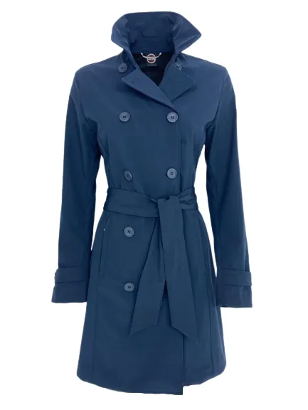 Double-breasted blue trench coat with belt