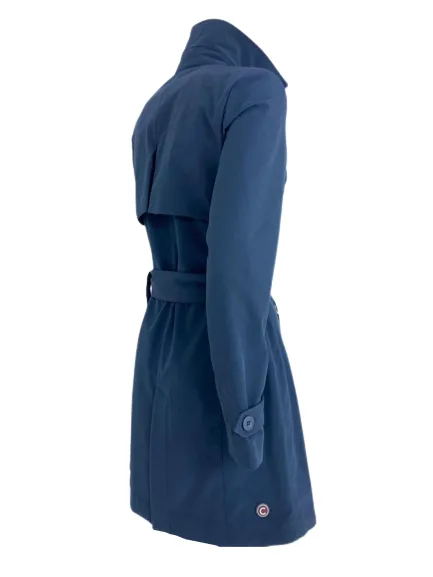 Double-breasted blue trench coat with belt