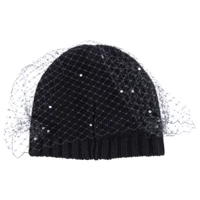 Eugenia Kim Black Toque Hat with Knit Mesh Overlay