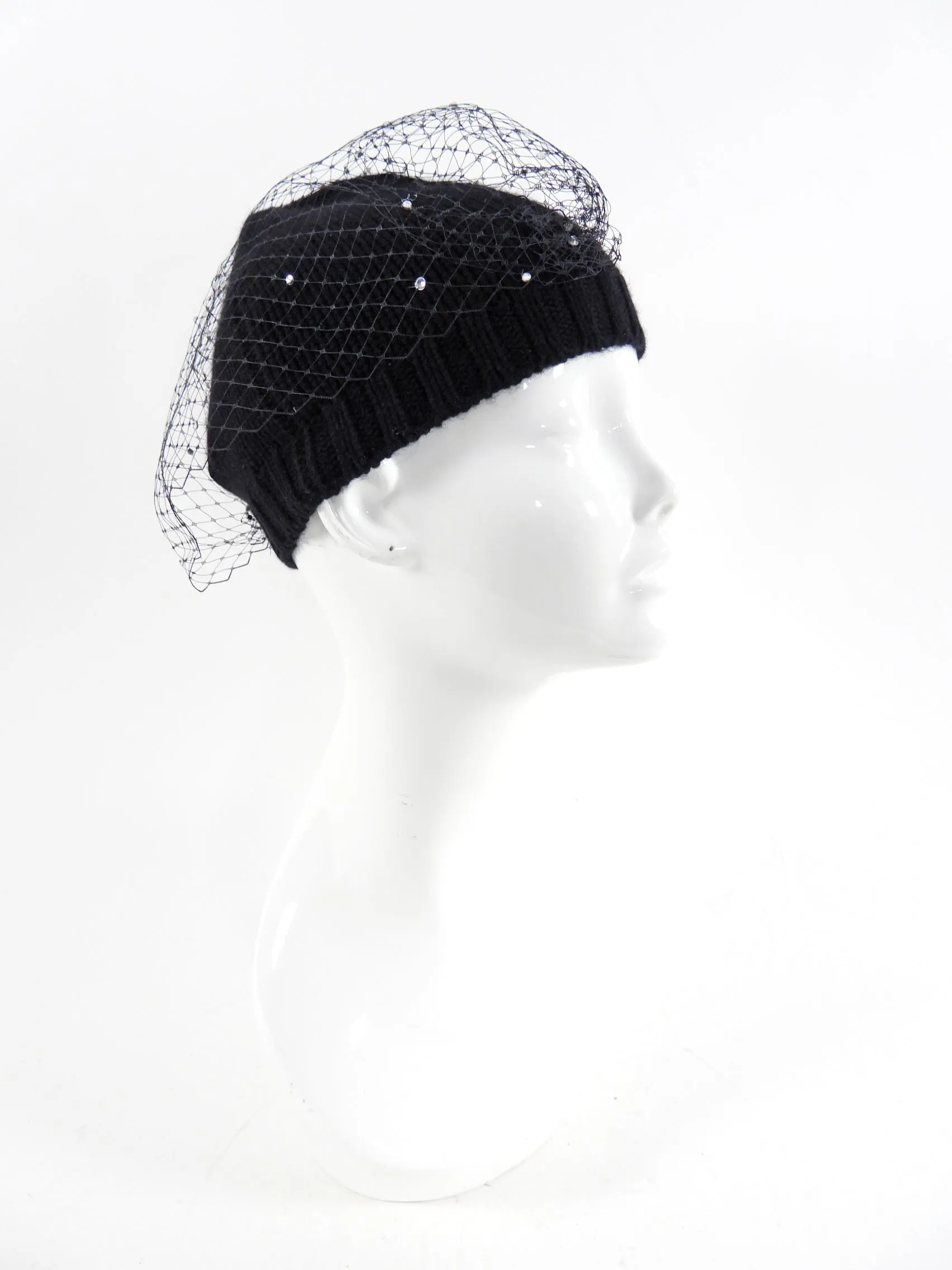 Eugenia Kim Black Toque Hat with Knit Mesh Overlay