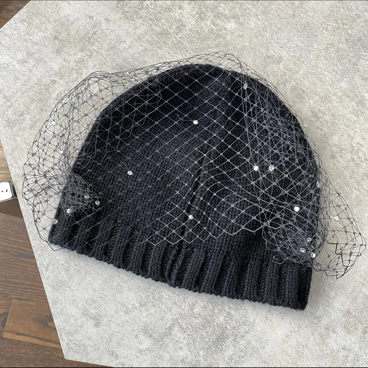 Eugenia Kim Black Toque Hat with Knit Mesh Overlay