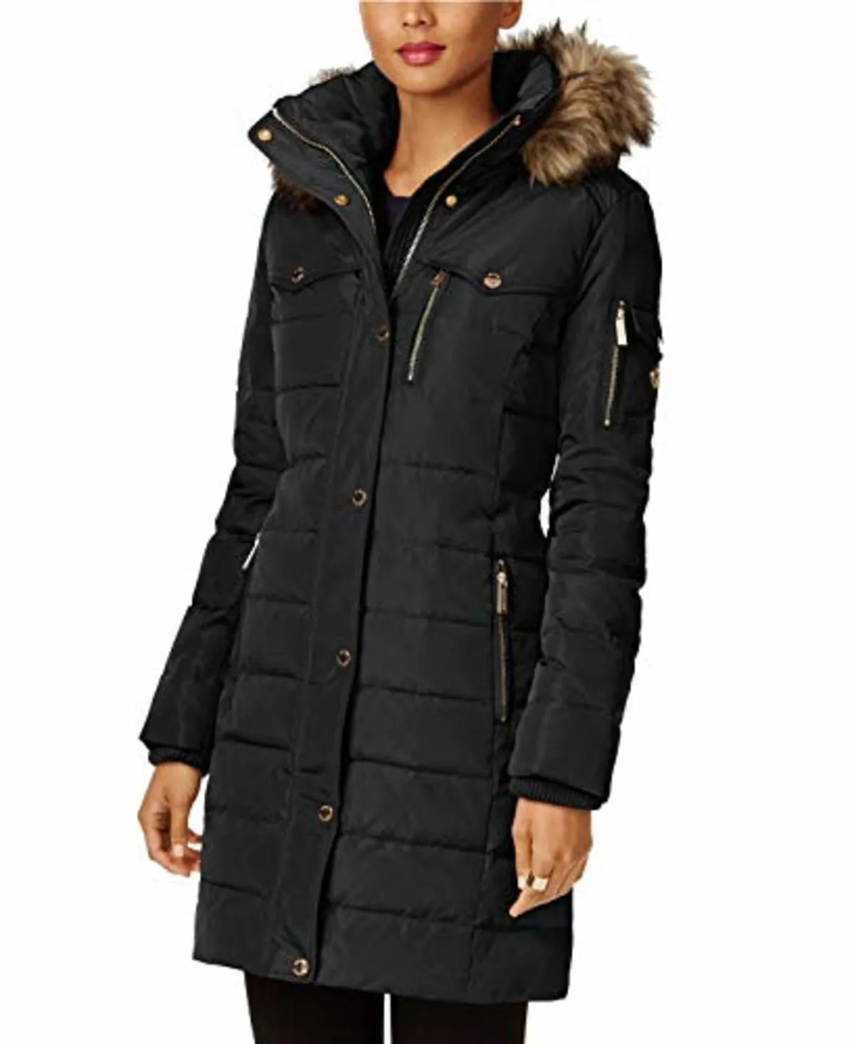 Faux Fur Trim Down Puffer Coat - Black