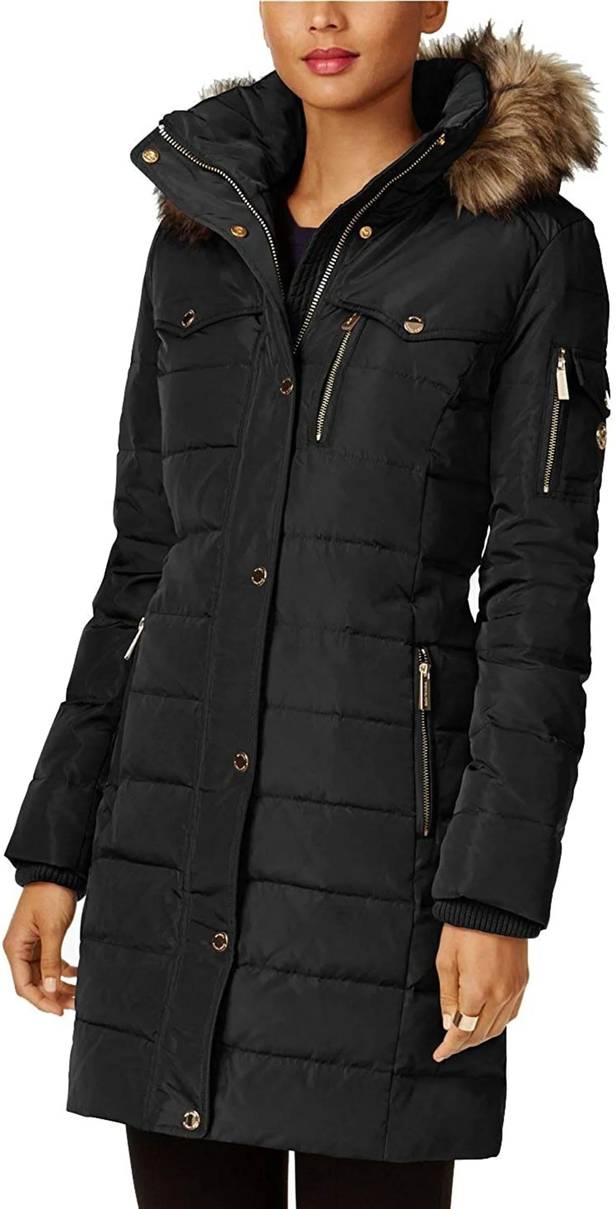 Faux Fur Trim Down Puffer Coat - Black