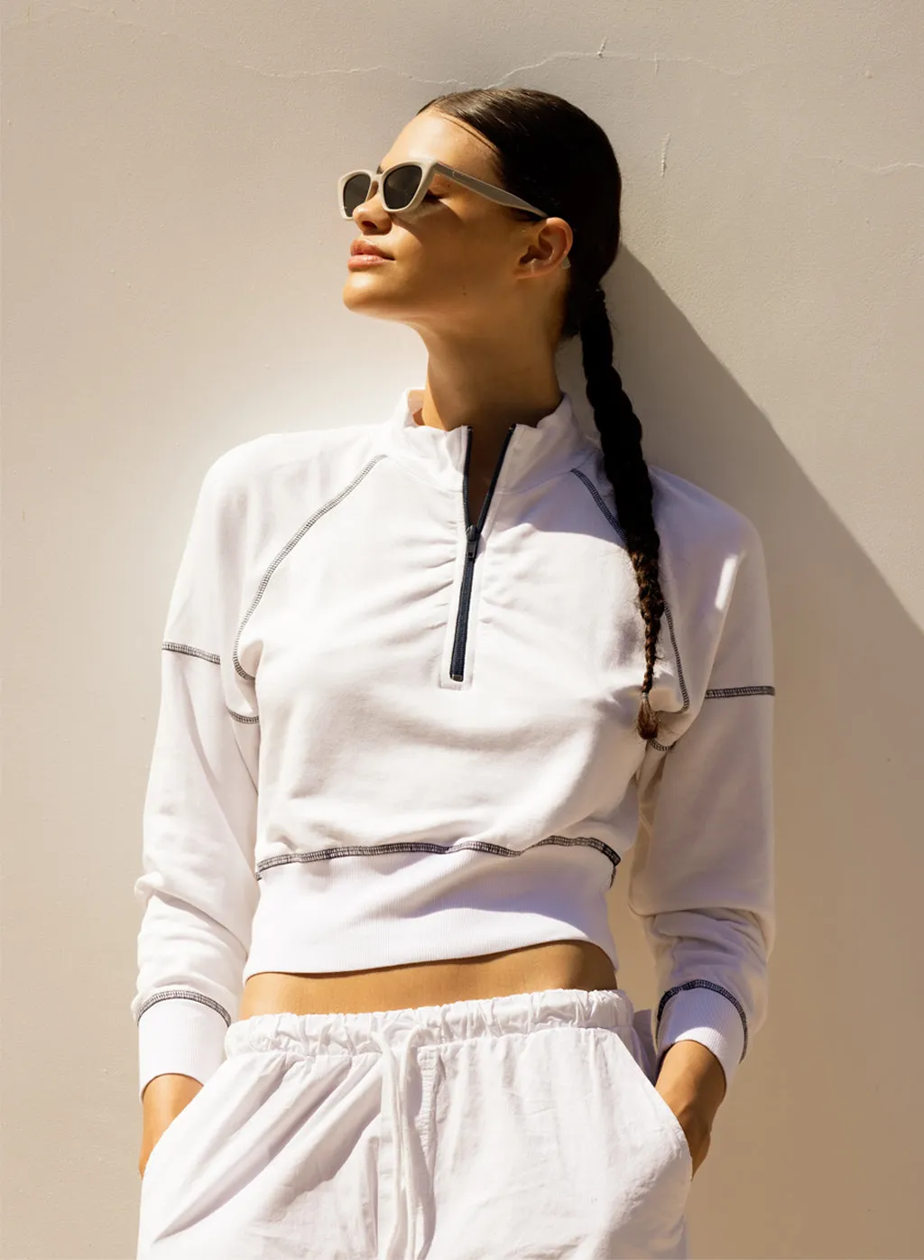 Fleece Half-Zip Pullover - Softest, Cropped, White, Contrast