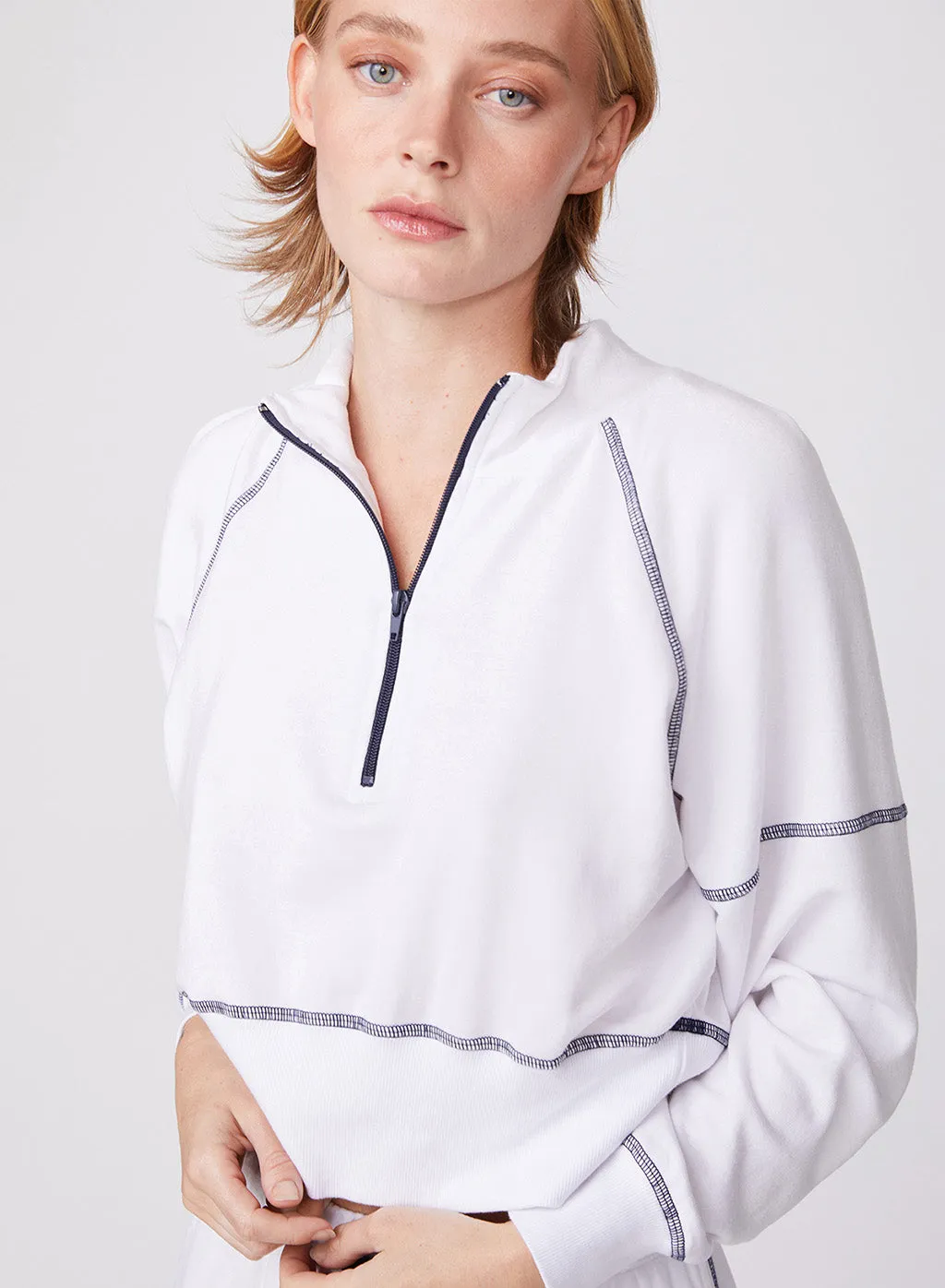 Fleece Half-Zip Pullover - Softest, Cropped, White, Contrast