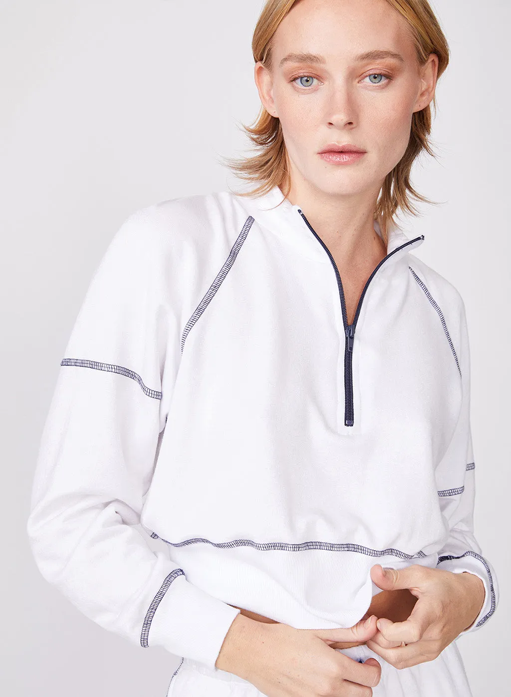 Fleece Half-Zip Pullover - Softest, Cropped, White, Contrast